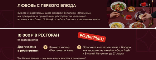 акции «Розыгрыш сертификатов на посещение ресторана AVA  "от "Ozon fresh и Виталий Истомин"»