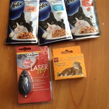 3 упаковки корма, антицарапки, лазерная указка от Felix