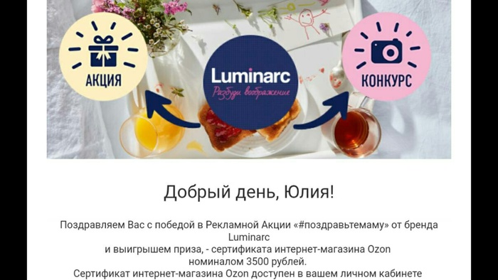Приз акции Luminarc «#поздравьтемаму»
