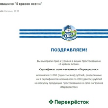 Сертификат 1000 рублей на покупку продукции т.м. Простоквашино в сети магазинов "Перекресток" от Простоквашино