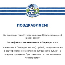 Сертификат на 1000 рублей на покупку продукции Простоквашино от Простоквашино