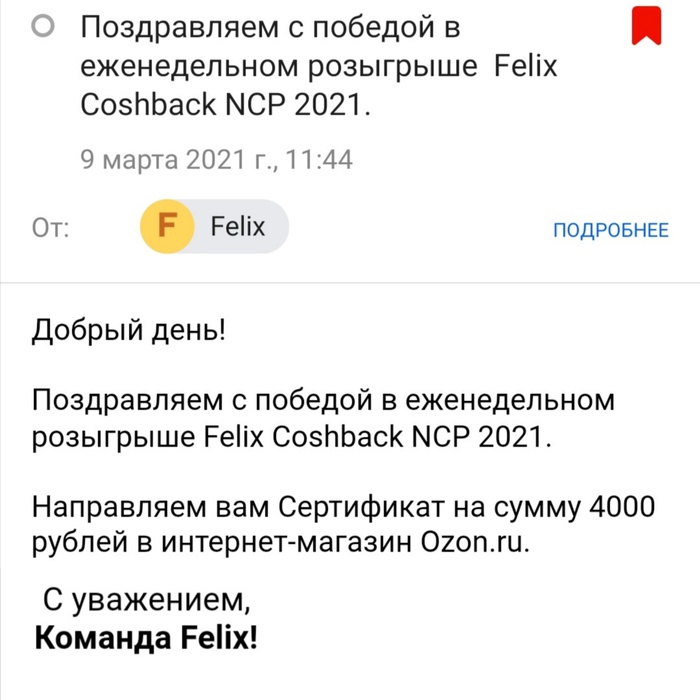 Приз акции Felix «Felix КОШбэк 2021»
