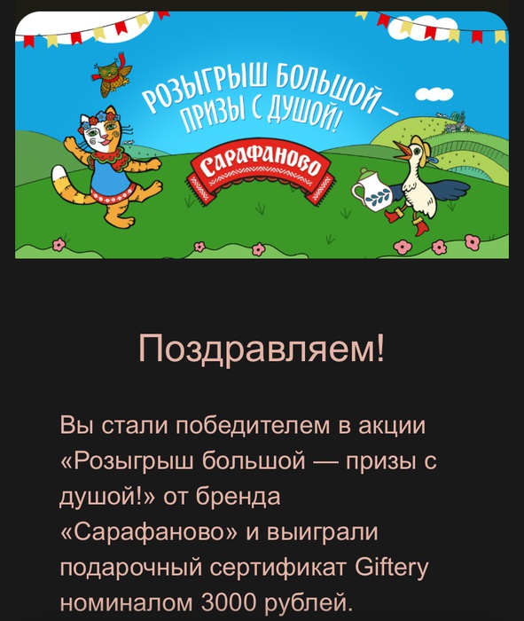 Приз акции Сарафаново «Розыгрыш большой – призы с душой!»