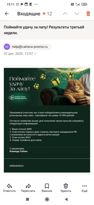 Приз акции Cattera «Поймайте удачу за лапу!»