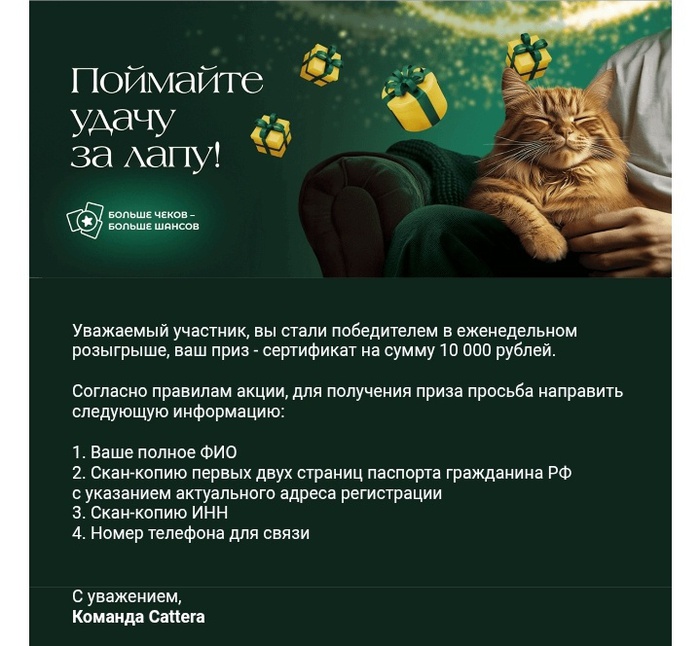 Приз акции Cattera «Поймайте удачу за лапу!»