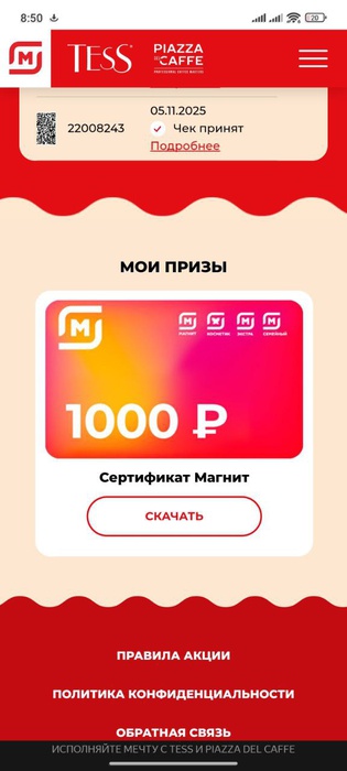 Приз акции Tess «Исполняйте мечту c Tess и Piazza Del Caffe»