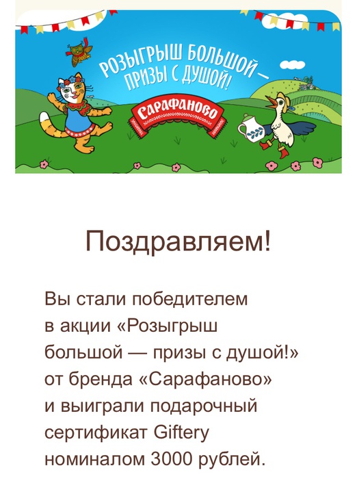 Приз акции Сарафаново «Розыгрыш большой – призы с душой!»