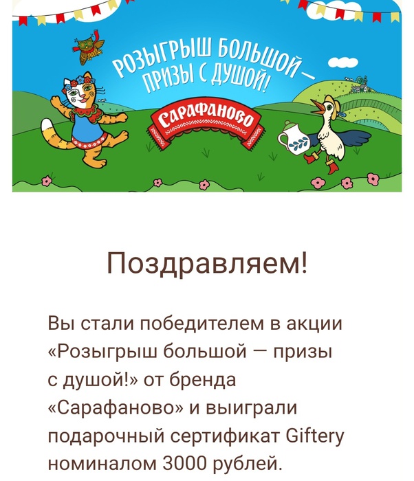 Приз акции Сарафаново «Розыгрыш большой – призы с душой!»