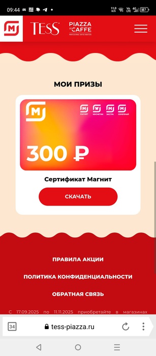 Приз акции Tess «Исполняйте мечту c Tess и Piazza Del Caffe»