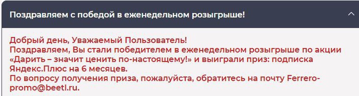 Приз акции Raffaello «Дарить – значит ценить по-настоящему»