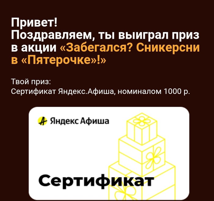 Приз акции Snickers «Забегался? Сникерсни в «Пятерочке»!»