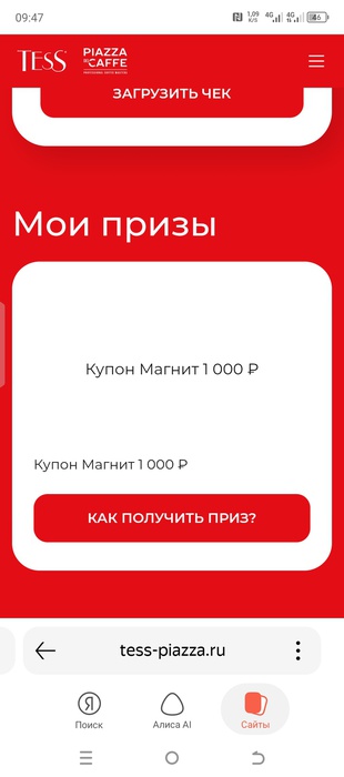 Приз акции Tess «Отправляйтесь в путешествие с Tess и Piazza Del Caffe»