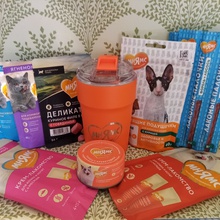 Набор вкусностей для котеек от "Мнямс" и термокружка. от Поздравь "Мнямс" c  Юбилеем !